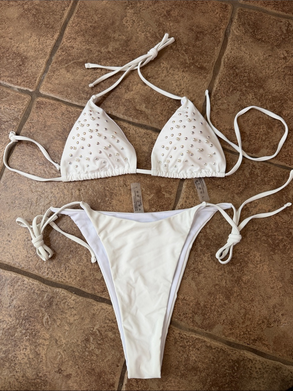 White Rhinestone Triangle Tie-Side Bikini Set Size Large (the top would fit S/M)